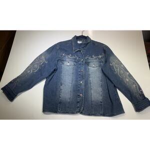 Womens Designer Diane Gilman DG2 Denim Stud Jean Jacket Sz 2X Distressed Bling